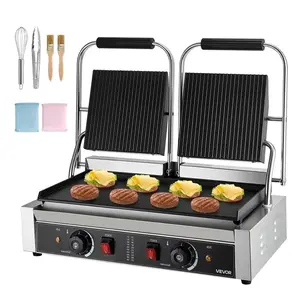 VEVOR Commercial Panini Grill - 3600W Electric Sandwich Toaster & Commercial Griddle, Stainless Steel Double Sandwich Press Grill with Handle & Temp Control, 19x9 in Flat Enamel Plate for Hamburger, Steak, Bacon (Stainless Steel Grilling)