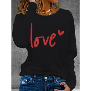 2026 New Valentine's Day Heart Print Women's Long Sleeve Crew Neck Casual Top, Machine Washable, All-season Wear, Loose Fit, Silky Fabric, for Home Leisure Daily Use