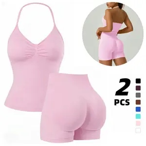 Women's 2-Piece Gym Wear Set - Halter Backless Sleeveless Tank Top Bra, Peachy Butt Tummy Control Shorts, Solid Color, for Gym Workouts Yoga, All Seasons Casual Activewear
