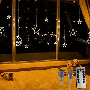 110V Plug‑in Star & Moon Curtain Lights | 8 Lighting Modes Remote Control LED String Lights, Home Decor
