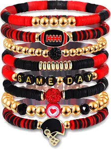 Multi-Layer Rugby Bracelets Set, Crystal Heart Star Letter Soft Clay Friendship Elastic Game Day Stackable Stone Football Bracelets