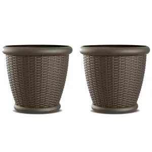 Suncast Willow 18" Diameter Decorative Wicker Patio Planter Pot, Java (2 Pack)