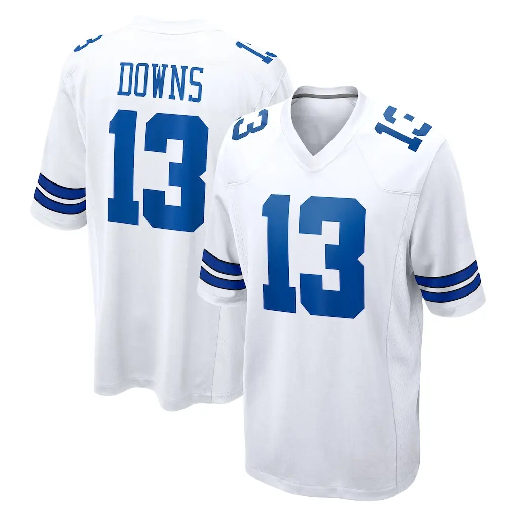 Football Jersey for Men - #13 Downs Symmetrical Double Stripe Accents Print Clean White Body Royal Blue Numbering Short Sleeve Gameday Apparel