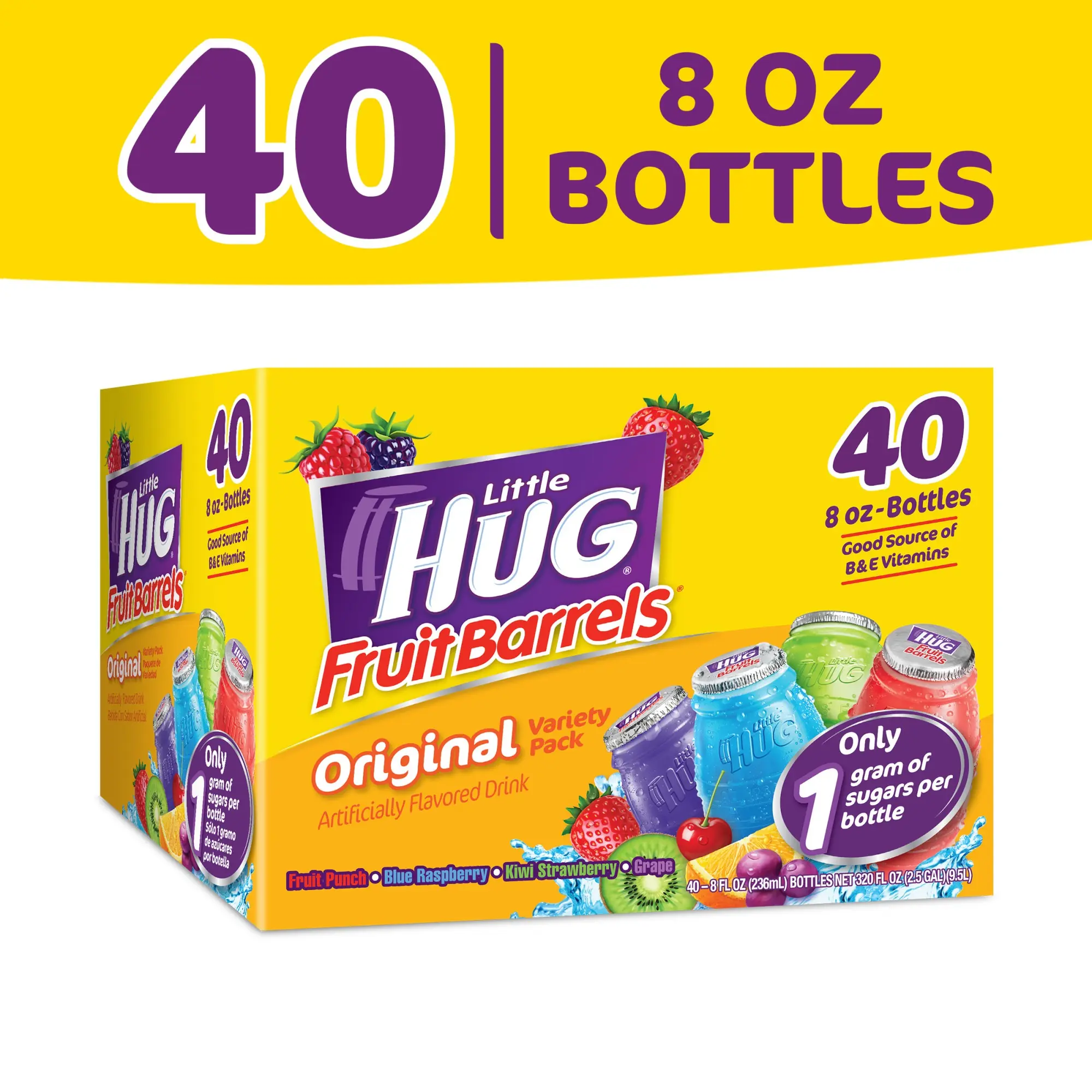 Little HUG Fruit Barrels, Original, Shelf Stable Kids Drinks Variety Pack, 40 Count, 8 fl oz Bottles Strawberry Beverage Sugar