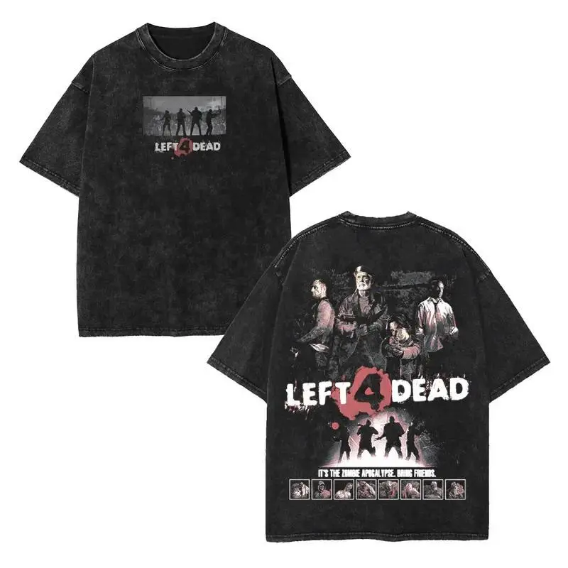 Men's Oversized Round Neck Short-Sleeve T-Shirt - Acid Washed Cotton, Distressed Unisex Menswear, Left 4 Dead Vintage Graphic Tees for Casual Streetwear, Chinese New Year Tshirt, Shortsleeve, Alternative Style, Childrens Day, Festive L4d Style, Retro Wash