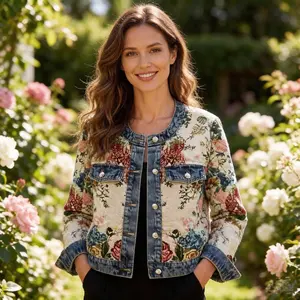 New Age Reducing Denim Jacket for Women, Retro Jacquard Versatile Long Sleeved Top Trend, Printed Patchwork Denim Jacket, Graduation Gift, Must-have for Returning To School, Fashionable Boutique