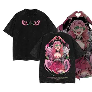 Mitsuri Kanroji Inspired Oversized Shortsleeve Graphic Tee - Vintage Washed Demon Slayer Love Hashira Dual-Sided Print Sporty Sports Tops, Casual Gym Streetwear Tshirt