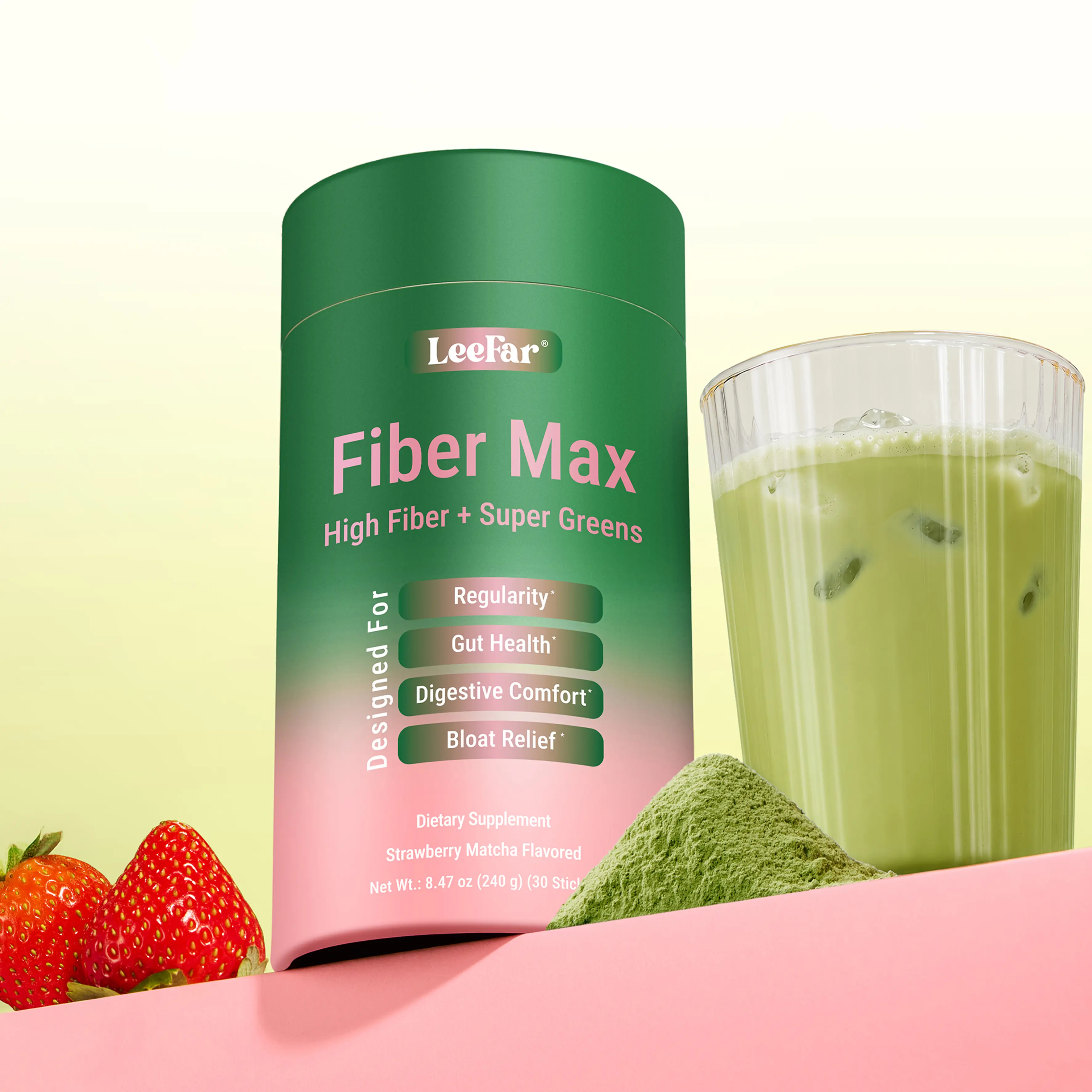 LeeFar Fiber Max – High Fiber + Super Greens Powder with 6g Dietary Fiber, Prebiotics,  Super Greens & Super Fruits for Regularity, Gut Health, Digestive Comfort and Bloat Relief –  Strawberry Matcha Flavor, 30 Sticks