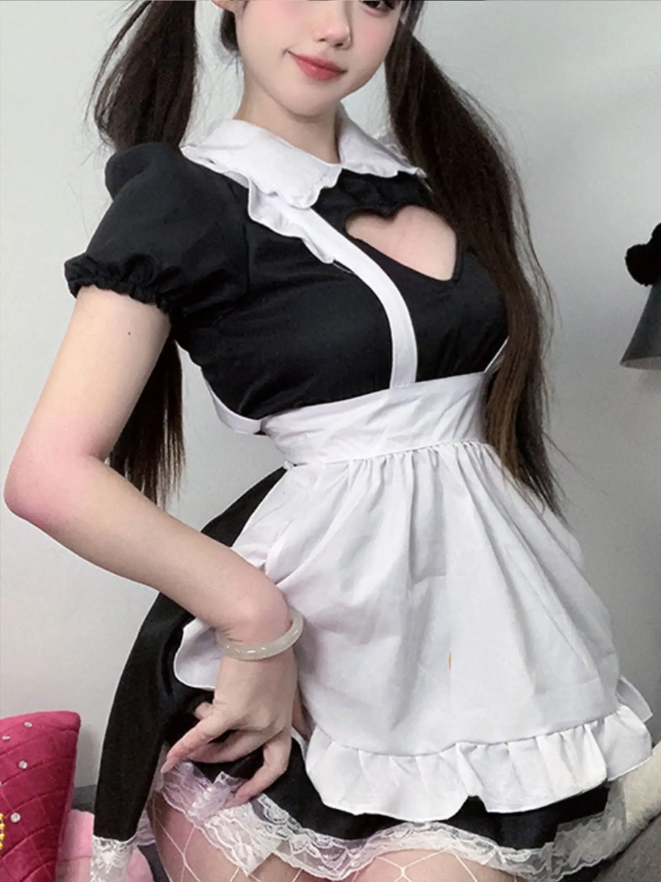 Heart Cutout Maid Outfit Fitted Short Sleeve Sexy Lace Trim Housemaid Apparel Set Womenswear Cat Ear Heart Cutout Maid Outfit Fitted Short Sleeve Sexy Lace Trim Housemaid Apparel Set Womenswear Cat Ear