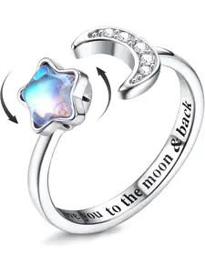 Fidget Ring for Women Kids Girls Anxiety Rings Open Adjustable Silver Sunflower Opal Moonstone Star Moon Snow Lotus Spinner Mood Rings Knuckle Rings Statement Rings Stackable Rings Jewellery