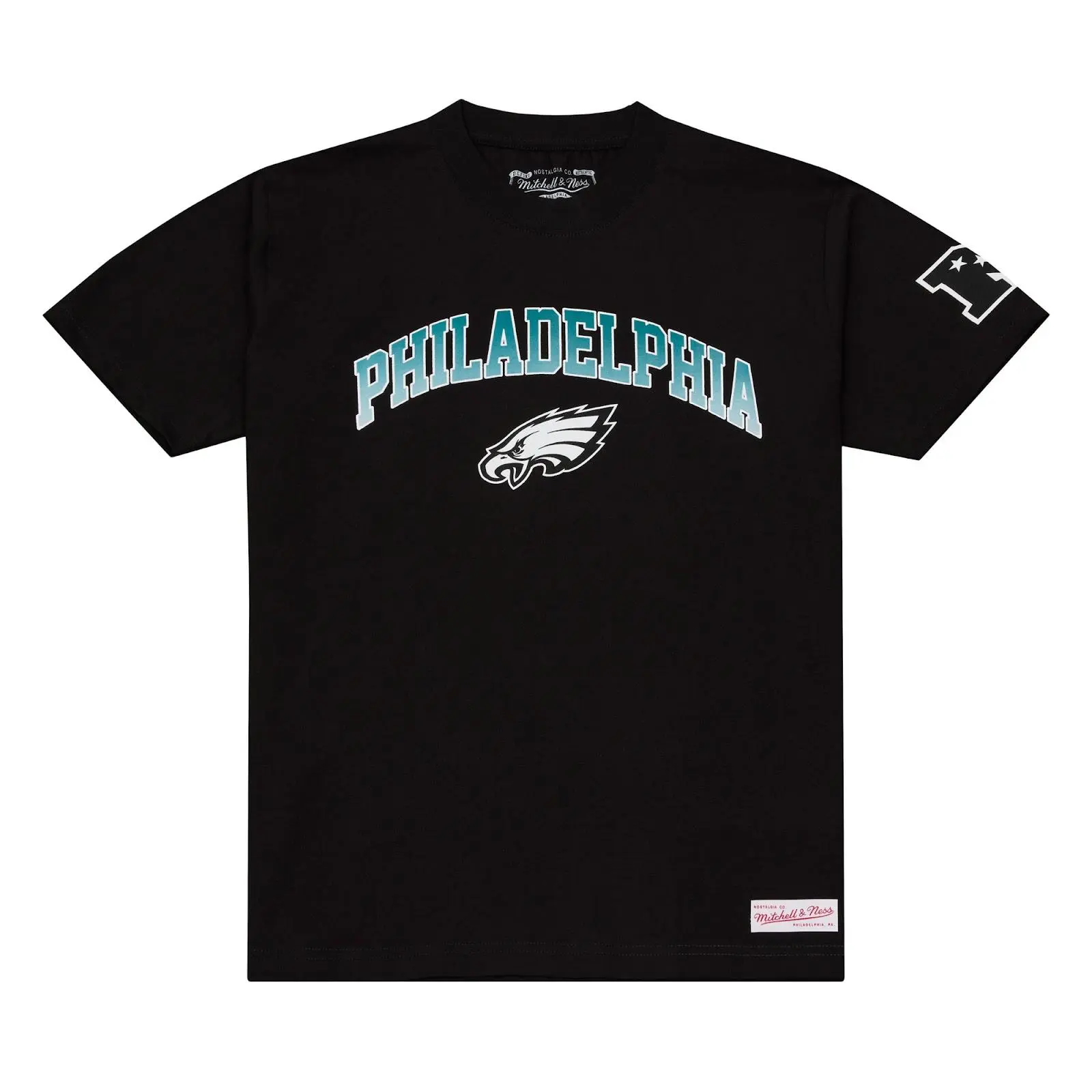 Philadelphia Eagles Black Quiet Blaze Arch T-Shirt NFL Throwback Tee Graphic Vintage Fan Gear Mitchell & Ness