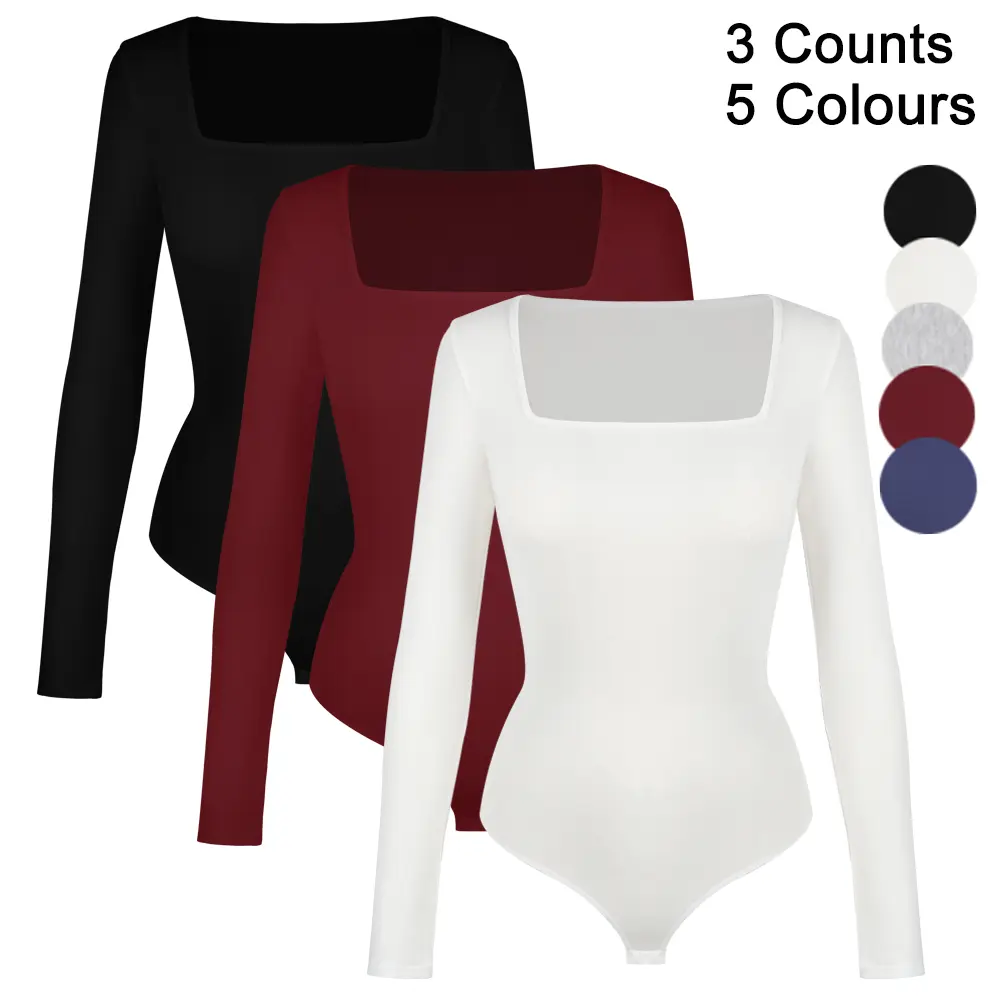 Women's 3-Piece Bodysuit Set, Stretchy Viscose Long Sleeve Tops with Square Neck, Minimalist Bodycon Basics for Casual Layering, Clothing, Women's Clothes, Easter