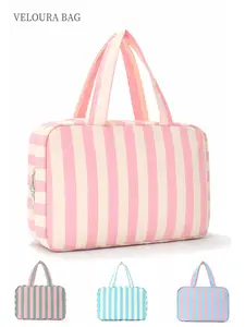 1pc Striped Makeup Bag for Women, Large Capacity Travel Cosmetic Organizer, Toiletries Organizer, Portable Toiletry Bag, Lightweight Multi-Functional Storage for Skincare, Cosmetics, Zipper Closure, Perfect for Travel, Home Use, Ideal Holiday Gift