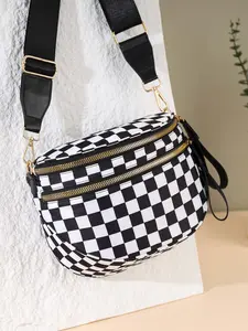 Retro fashion casual classic black and white checkerboard waist bag messenger bag, Checkered Bum Bag, double zipper layered storage, wide shoulder strap comfortable versatile messenger bag, commuting   street can be worn with practical fashion items