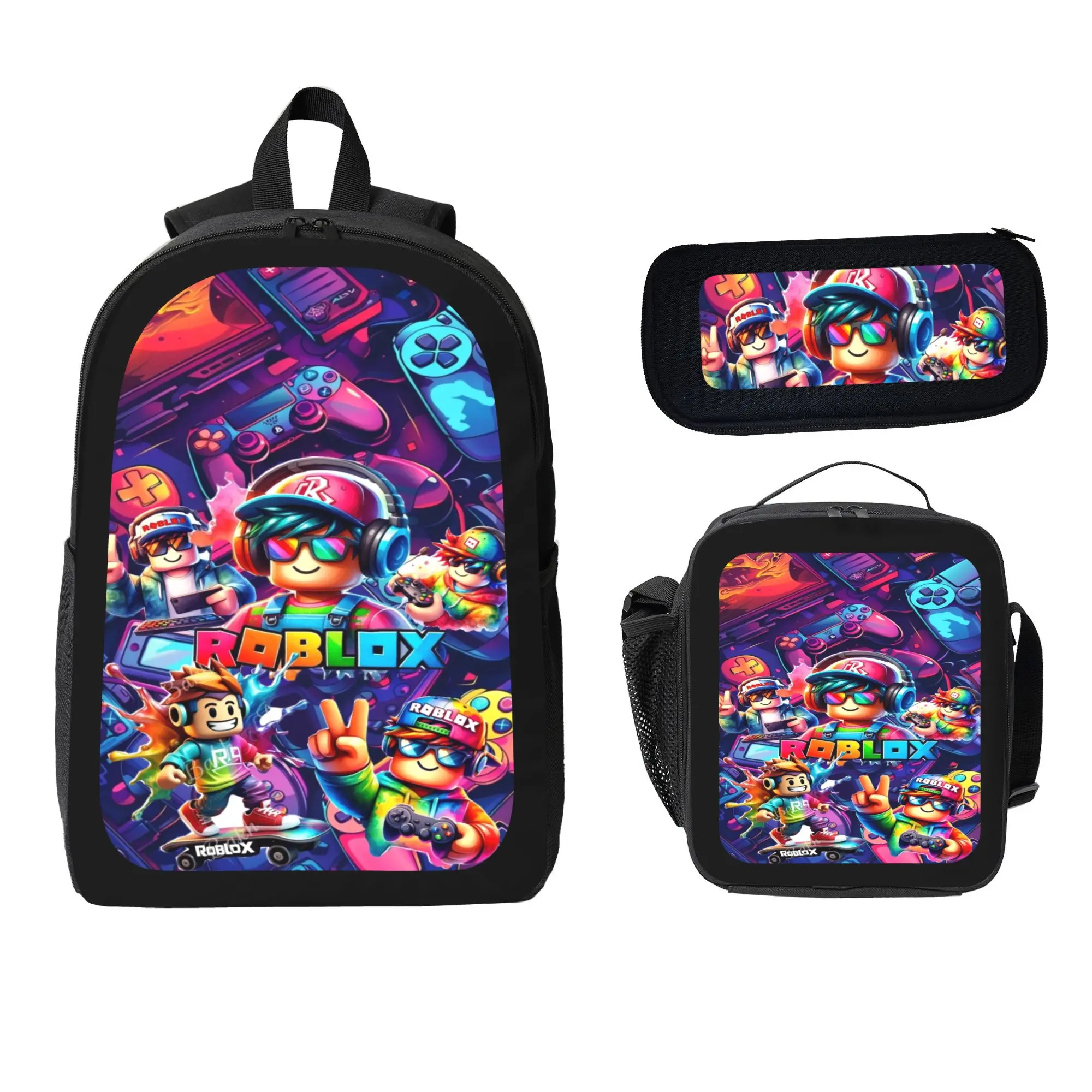 Unisex Cartoon 3-Piece Backpack Set - Polyester Lightweight School Bookbag, Pencil Case, Lunch Box for Boys - Polyester Clothing Material, Ideal for School, Vacation