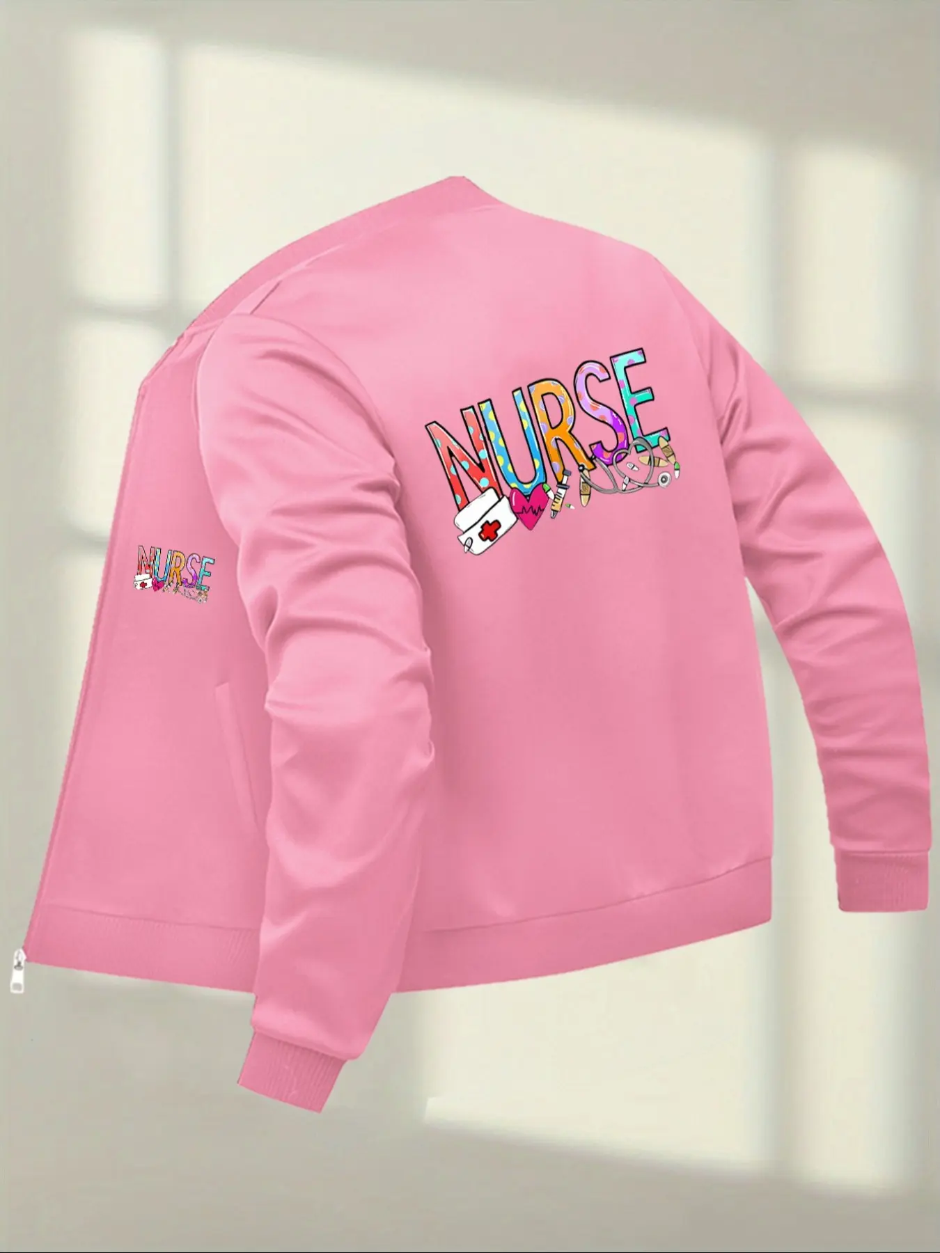 Women's Casual Graphic Jacket, Fitted Zipper Cardigan for All Seasons, Stylish Nurse Coat with Baseball Collar, Unique Layering Piece