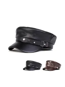 Unisex Star PU Leather Beret Hat, Adjustable Stylish Hat Fitted Design, Casual Outdoor Sun Protection Cap for Spring & Fall Travel Vacation