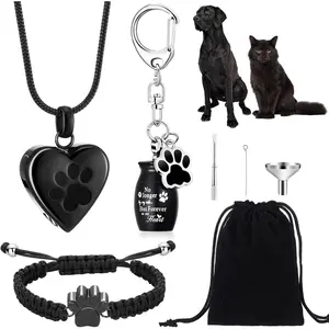 3 Pcs Pet Cremation Jewelry for Ashes Dog Urns Keychain Cat Heart Urn Necklace Paw Print Bracelet Memorial Keepsake with Filling Kit Storage Bag (Black)