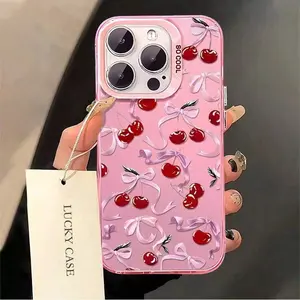 1pc Full Screen Pink Bow Red Cherry Compatible For Phone17/16/15/14/13/12/11/8/ 7ProMax/Pro/Plus/Xs Max/XS/X,For Compatible With Colored Simple  Fall Prevention Anti-Shock, Anti-Slip, Anti Drop, Camera Lens Protection, Silicone Anti Wear Phone Case ﻿