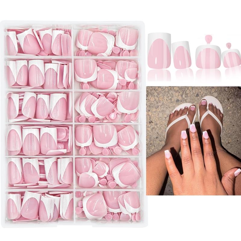 312Pcs Glossy Short Square White French Manicure Fake Nails Set For Hands & Feet,  Pink French Press On Nails,  Full Cover Detachable DIY Nail Art Decorations Suitable for Daily wear by women and French Tip Nails