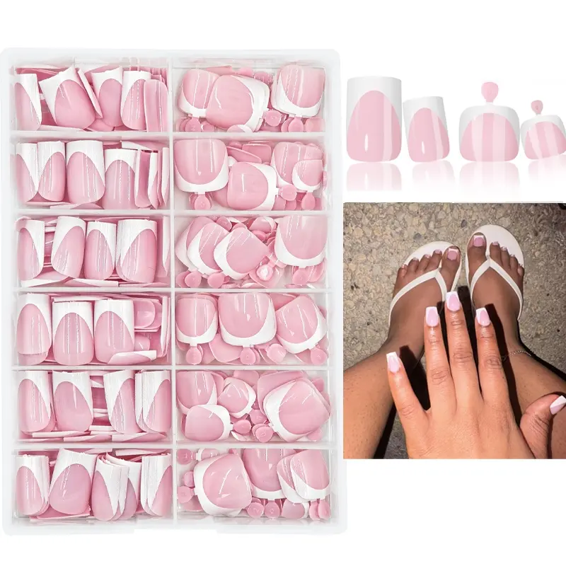 312Pcs Glossy Short Square White French Manicure Fake Nails Set For Hands & Feet,  Pink French Press On Nails,  Full Cover Detachable DIY Nail Art Decorations Suitable for Daily wear by women and French Tip Nails