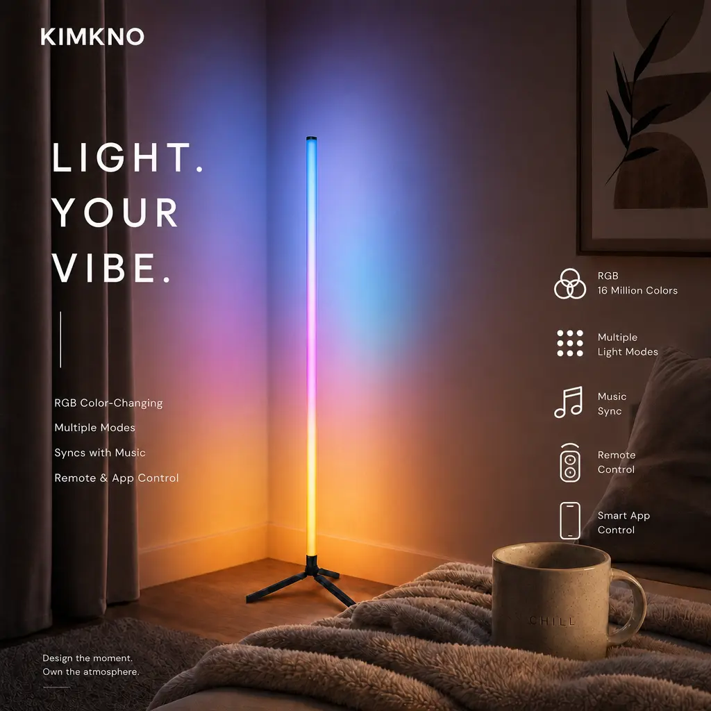 KIMKNO RGB Corner Floor Lamp, USB-Powered LED Light Bar with Remote Control, 16M Music-Sync Color-Changing Dimmable Ambient Light, Modern Mood Decor for Bedroom Movie Night Relaxing rgbic dual controller setting timer valentine day gift