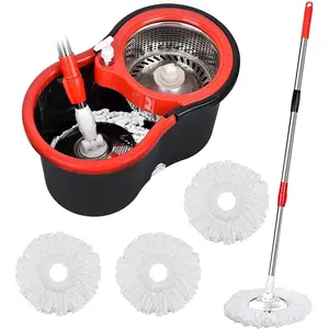 360° Spin Mop Bucket Set with Wringer System – 3 Microfiber Mop Heads & Stainless Steel 61" Extended Handle – Floor Cleaning Adjustable Industrial