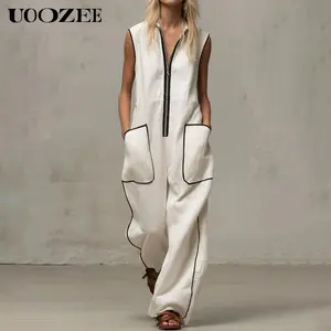 UOOZEE Women's New Summer White Contrast Trim Sleeveless Spandex-Blend Jumpsuit - High Neck Half-Zip Wide Leg Overalls with Pockets, Breathable Loungewear for Street Style, Festival Looks, Tall-Friendly