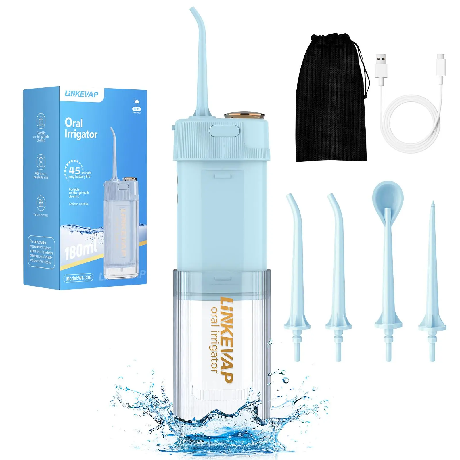 LINKEVAP Mini Water Flosser, Rechargeable Cordless Oral Flosser for Travel, Portable Dental Cleaner with 180ml Retractable Tank, 4 Nozzles, 3 Modes & IPX7 Waterproof Design, Cordless Oral Flossers
