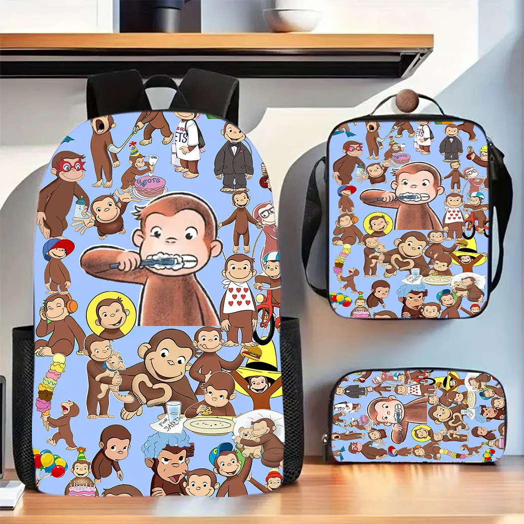 Three-piece set/teenager monkey print patch backpack set - backpack with laptop compartment, adjustable shoulder straps, lightweight for travel, hand washable, suitable for ages 14 and up (ideal for middle school education and day trips)