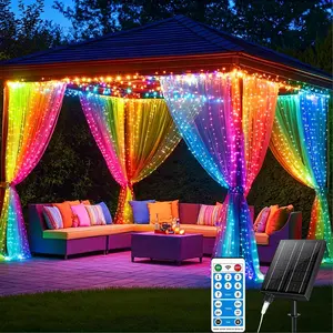 Solar Curtain Lights Outdoor 10 x 10Ft 330LED Waterproof Waterfall Light with 8 Modes Remote USB Rechargeable Dimmable Timer Twinkle Fairy String Lights for Outdoor Christmas Gazebo Wedding Pergola