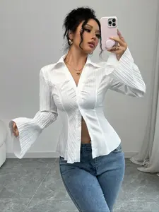 Sexy Bell Sleeve Short Waist-Tapered Shirt Blouses, Fashionable Women's Outerwear, Trendy Daily Wear, Elegant Style for Casual