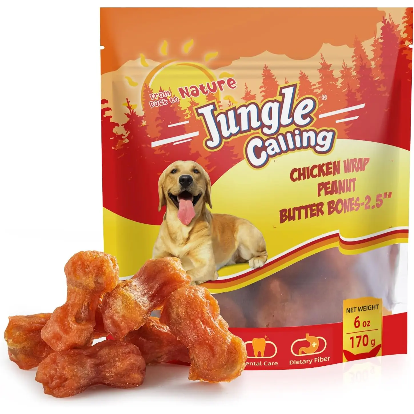Jungle Calling Rawhide Free Dog Chew Treats, Real Chicken Wrapped Peanut Butter Bones, Teeth Clean Chewy Training Snacks, 6 oz