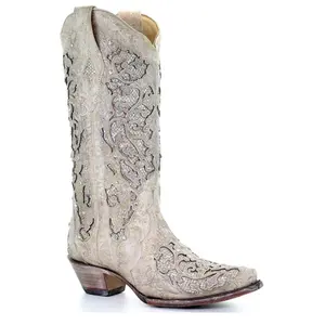 Women's White Glitter Inlay Western Boots with Intricate Design and Sparkling Accents