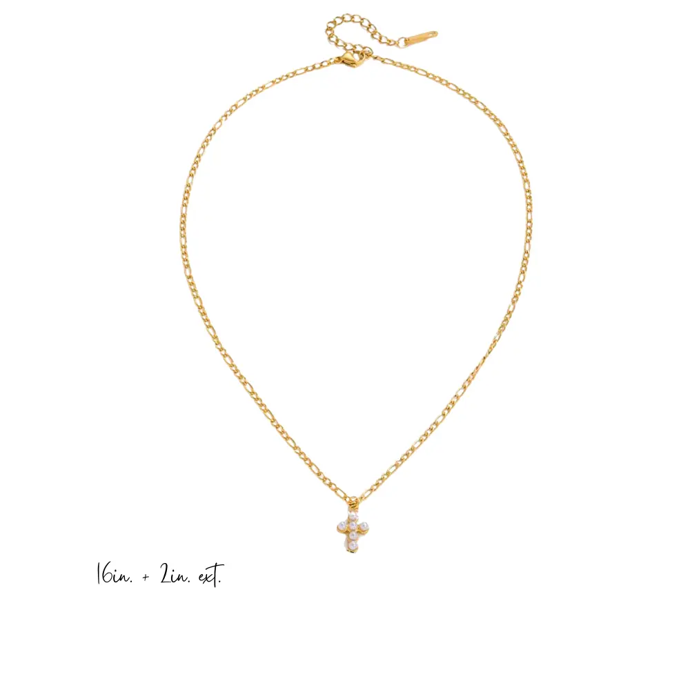 Petite Pearl Cross Necklace 18K Gold Water Resistant Non Tarnish