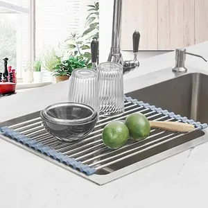 Roll Up Dish Drying Rack Over The Sink Stainless Steel Wire Foldable Sink Rack Mat 18.5x13.8 Inches Compact Space Saving Kitchen Counter Storage