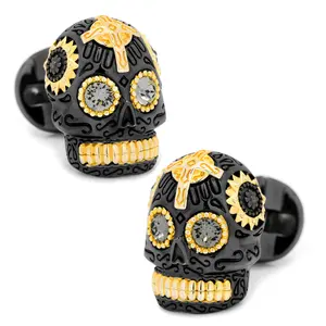 Sterling Silver Black and 18K Gold Vermeil Day of the Dead Skull Cufflinks