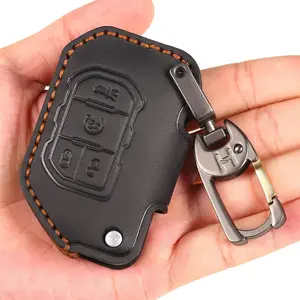 Handmade Leather Car Key Fob Cover Compatible with Jeep 2018-2024 Wrangler Gladiator Sahara Rubicon 4 Buttons Black