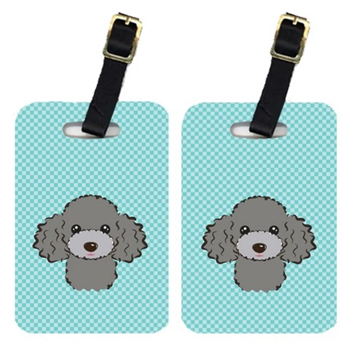 Pair Of Checkerboard Blue Silver Gray Poodle Luggage Tags