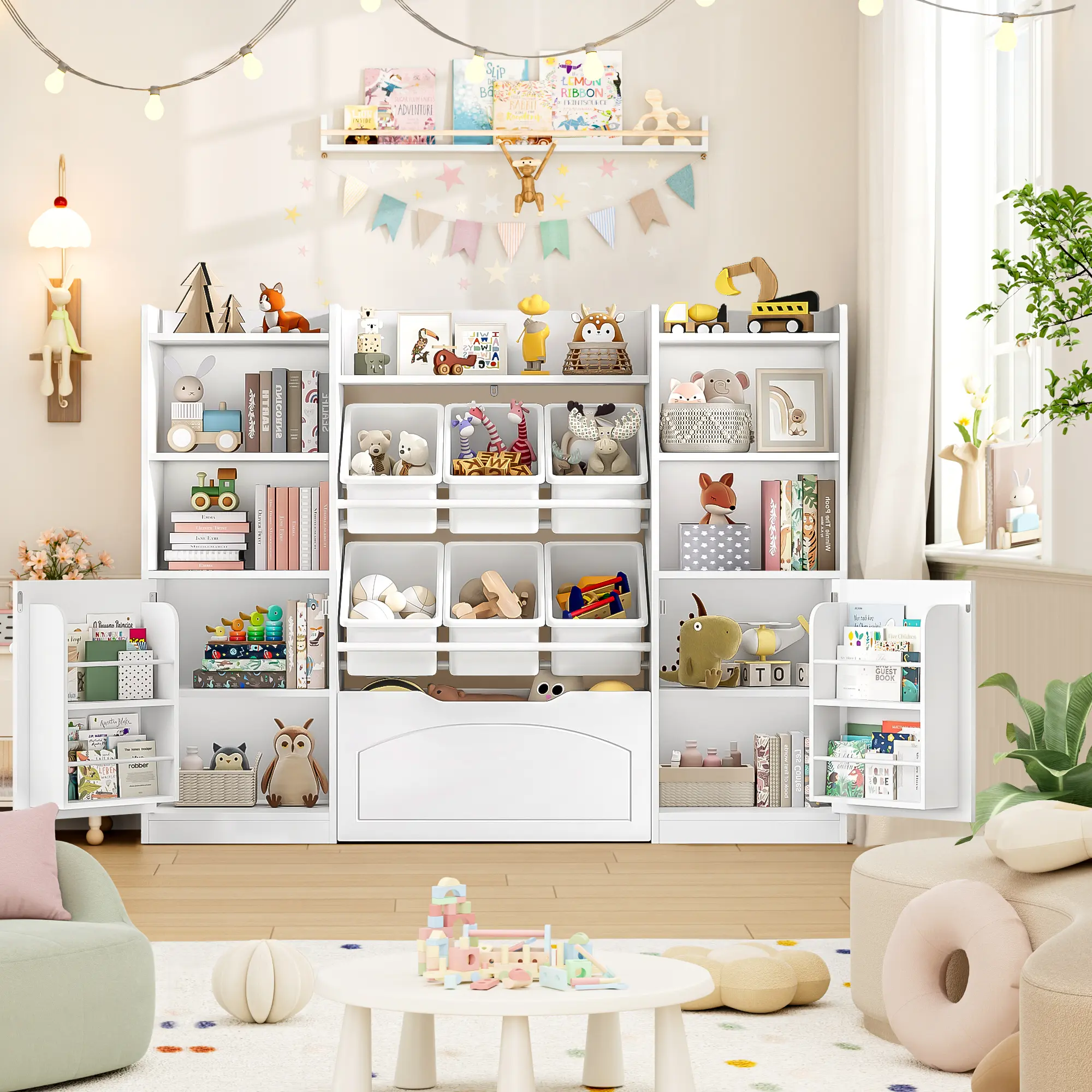 Toy Storage Organizer with 6 Bins, Multifunctional Bookshelf & Toy Chest for Playroom, Nursery & Bedroom Toy Storage Organizer with 6 Bins, Multifunctional Bookshelf & Toy Chest for Playroom, Nursery & Bedroom