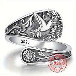 925 Sterling Silver Bohemian Leaf Flower Bird Carving Ring Open Adjustable Vintage Ring Jewelry
