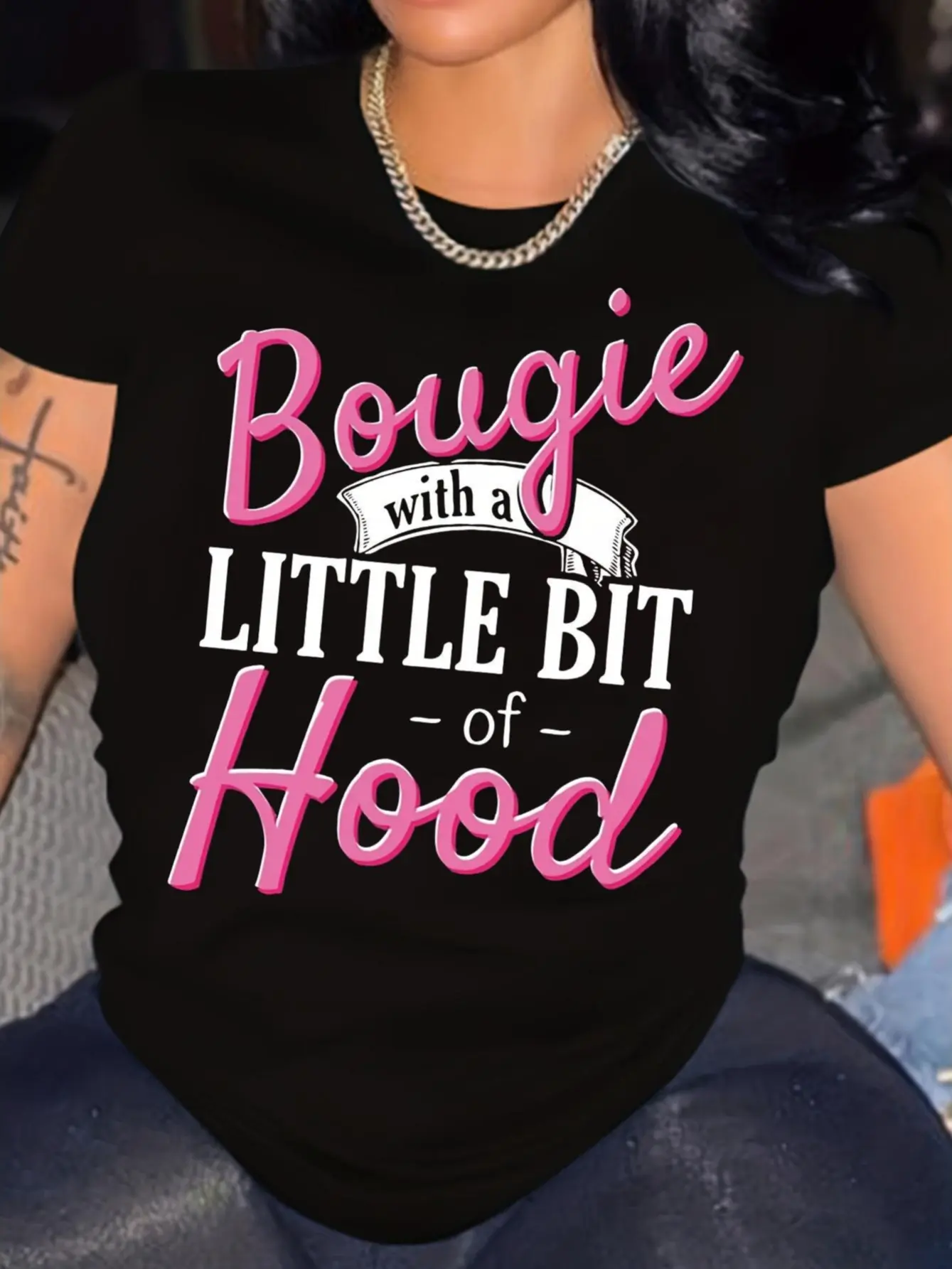 Bougie With A Little Bit Of Hood Sassy Script Quote Graphic Women T-shirt,100% Cotton Short Sleeve Round Neck Pink White Text Print Tee,Loose Soft Breathable Basic Top For Girls Night Daily Party Casual Outfit