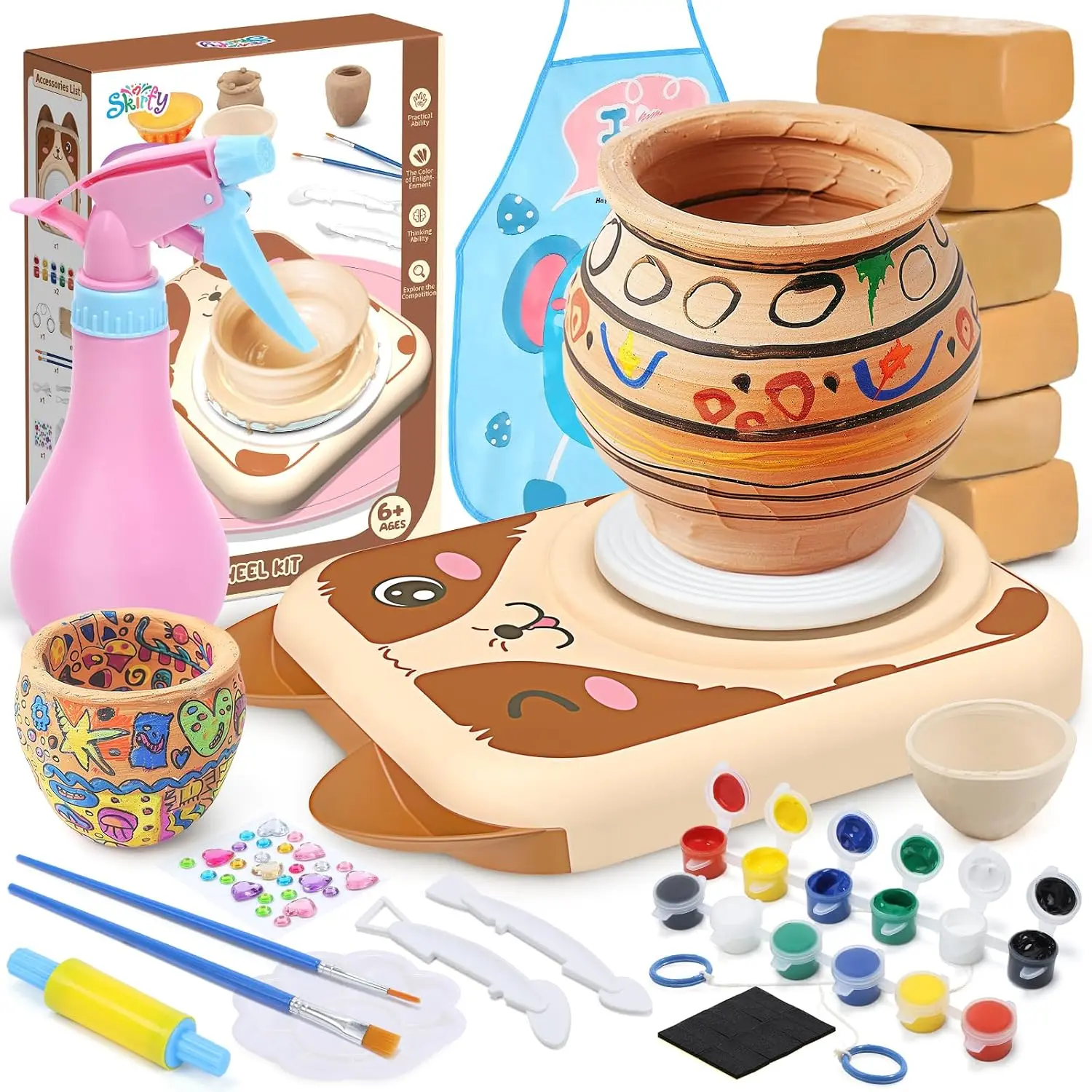 Skirfy Mini Pottery Wheel Kit - Complete Clay Set for Beginners (Ages 8-12) with 6 Modeling Clay Packs, Painting & Sculpting Tools to Build Artistic Skills (Toys & Hobbies DIY Pottery & Ceramics)