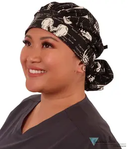 Stylish Banded Bouffant Ponytail Scrub Cap - Human Body Skeletons with Black Ties (Glow in the Dark)