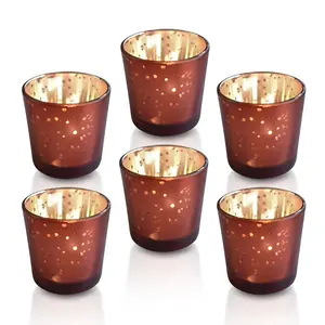6-Pack Vintage Mercury Glass Candle Holders (2.5-Inch, Lila Design, Liquid Motif, Rustic Red Copper) - For Use with Tea Lights - For Parties, Weddings and Homes