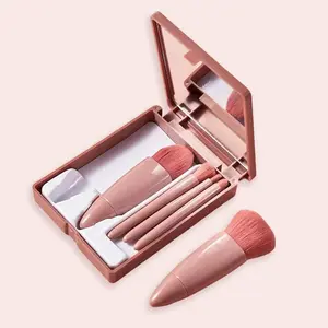 Glam On-the-Go: 5pc Vegan Travel Brushes in Powder Pink with Mirror – Perfect for Your Purse!