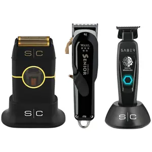 Wahl Cordless Senior Clipper + StyleCraft Black Saber Trimmer + StyleCraft Instinct Metal Double Foil Shaver SC807B+SC403B+8504-308