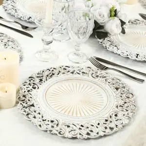 6-Pack Acrylic Round Charger Plates 13" in Antique White with Vintage Floral Carved Rim, Event Tabletop Decorative Charger Tableware