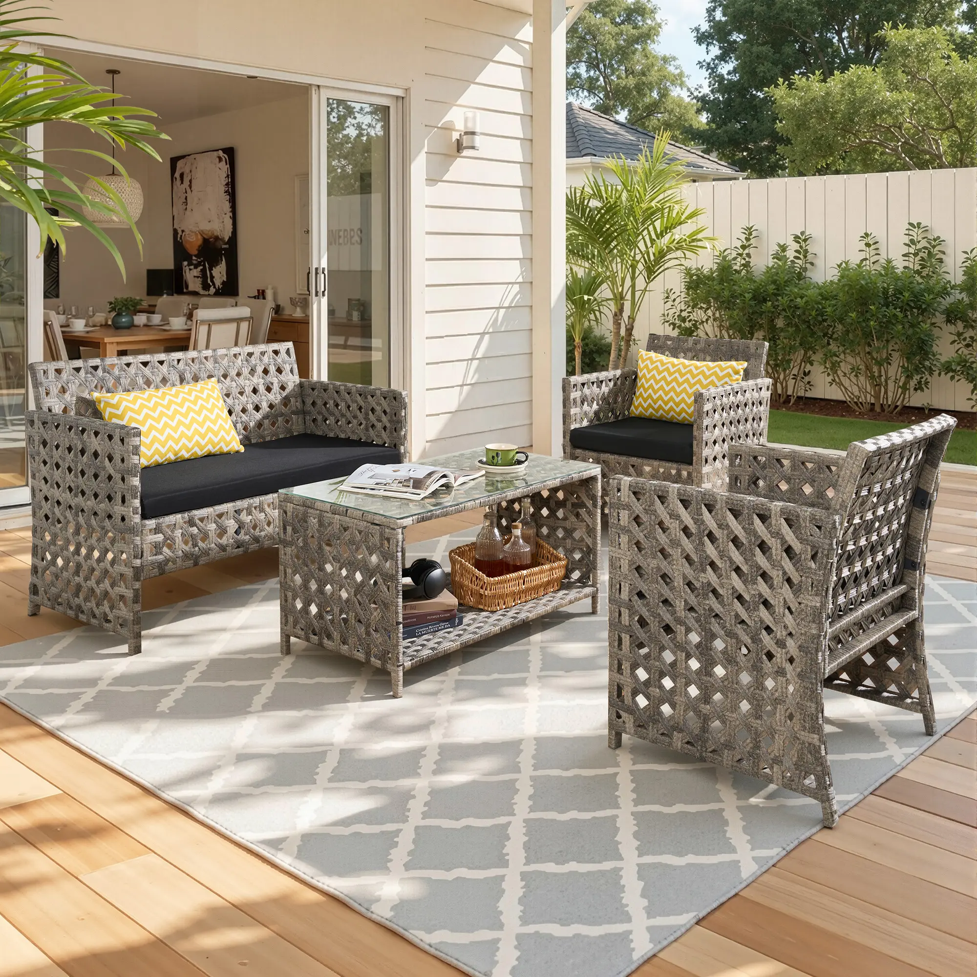 【Summerfinds】Ovios 4-Piece Patio Furniture Set, Outdoor Wicker Furniture with Coffee Table Glass Top Included, Modern Rattan Chairs Conversation Set, Outdoor Seating, Weather-Resistant, for Porch, Garden, Lawn