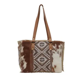 Myra Elisa Le Hairon Leather Tote Bag â€“ Fringe Accents, Handwoven Tribal Design for Everyday Use